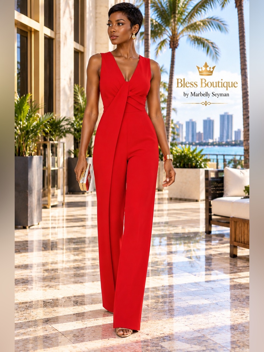 Trina Turk Hedy Red Draped V-Neck Jumpsuit Size 4 Wide Leg MSRP